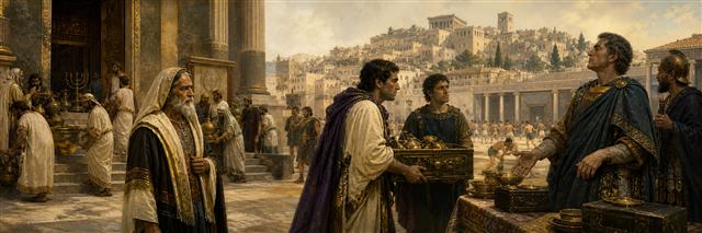 Onias watches with concern as rivals offer royal treasure for priestly office and temple vessels are secretly removed